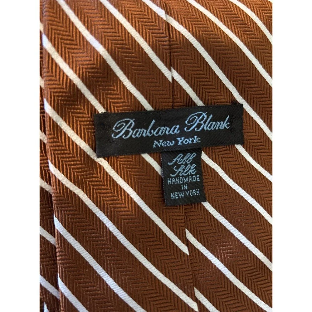 Barbara Blank New York Handmade 100% Silk Tie Copper Rust White‎ Repp Stripe Vtg